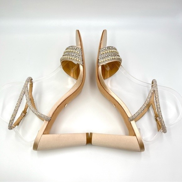 Badgley Mischka Size 11 Kari Soft Nude Satin Jeweled Block Open Toe Heels Shoes - Picture 9 of 12